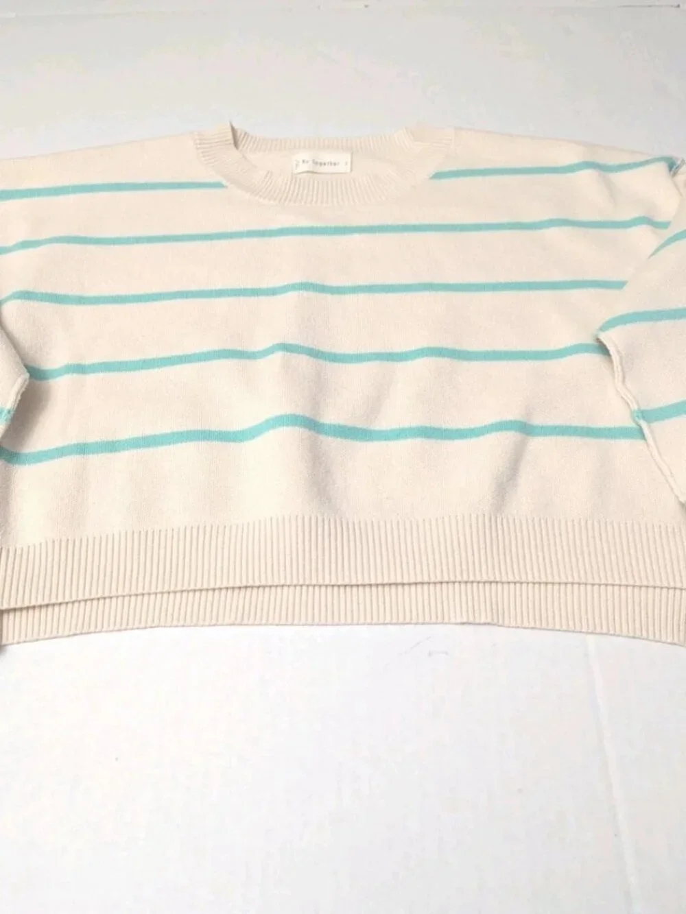 By Together Cream Teal Striped Knit Cropped Sweater Drop Shoulder Size S NWOT